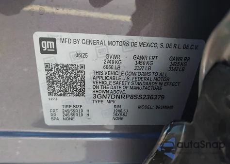 2025 Chevrolet Equinox Ev Lt 2 from USA, damaged, VIN 3GN7DNRP8SS236379